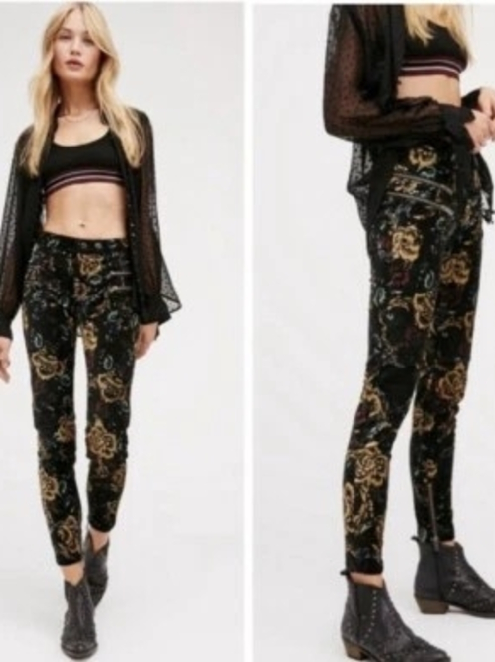 Free People Black Floral Velvet Skinny Pants Size 4 Lennon Combo Zip-Detail Skin